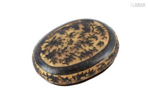 An export Sawasa ware snuff box, decorated with bird and horse in landscape. Japan, Edo, 18th