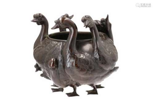 A bronze cachepot in the shape of geese. Marked with seal mark. Japan, Meiji, 19th century. Weight