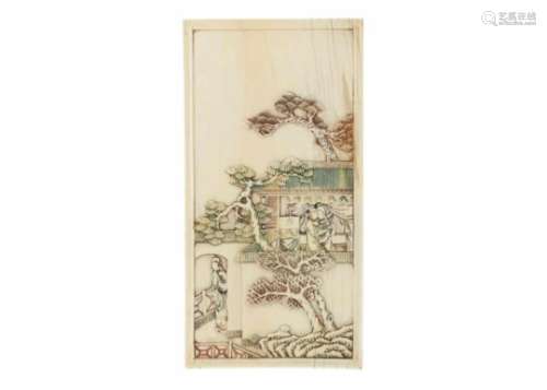 An ivory panel, decorated in relief with figures in a building and a poem. China, 19th century. Dim.