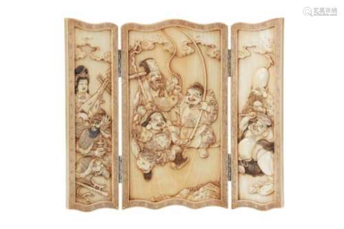 An ivory triptych, depicting several scenes with figures. Marked with seal mark. China, Kanton, 19th