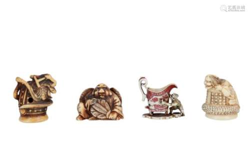 Lot of four netsuke, 1) ivory Kiyohime with dragon tail on bell. H. 4 cm. 2) ivory with lacquer, Oni