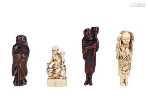 Lot of three netsuke and a seal netsuke, 1) ivory standing figure with dragon. H. 8 cm. 2) wooden