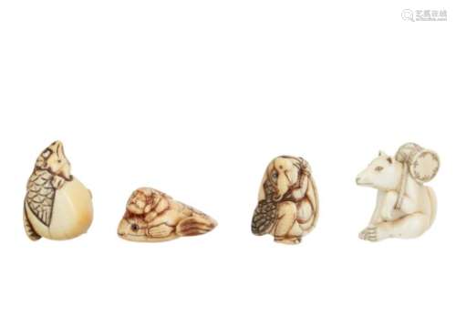 Lot of four netsuke, 1) ivory Tengu hatching from egg. H. 4 cm. 2) ivory Kitsune sitting with