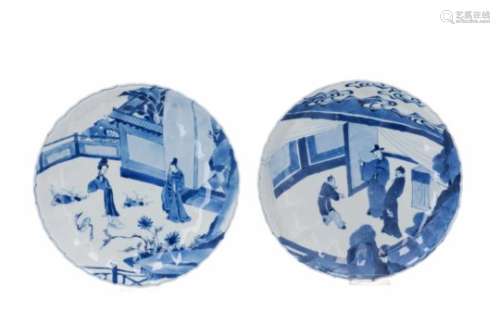 Lot of two blue and white porcelain deep dishes, decorated with scenes of the Romance of the Western