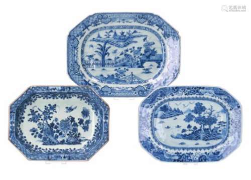 A lot of three blue and white porcelain serving dishes, decorated with landscapes, flowers and
