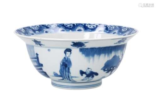 A blue and white porcelain 'klapmuts' bowl, decorated with long Elizas and little boys. Marked
