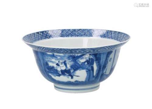 A blue and white porcelain 'klapmuts' bowl, decorated with several scenes with figures and little