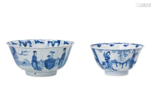 Lot of two blue and white porcelains bowls, decorated with figures, animals and flowers in a