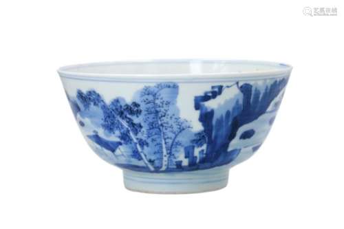 A blue and white porcelain bowl, decorated with figures in a river landscape. Marked with 2-