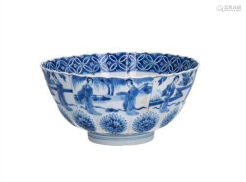 A blue and white porcelain bowl, decorated with long Elizas and peonies. Marked with 6-character