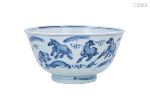 A blue and white porcelain bowl, decorated with horses. Marked with symbol Kangxi. China, Kangxi.