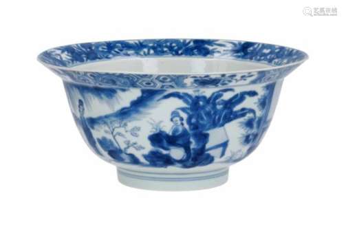 A blue and white porcelain 'klapmuts' bowl, decorated with long Elizas in a garden, flowers and a