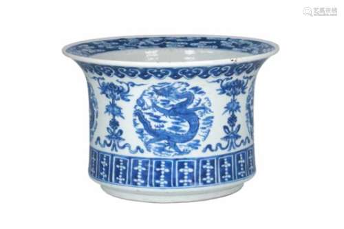A blue and white porcelain cachepot, decorated with dragons and bats. Unmarked. China, late 19th