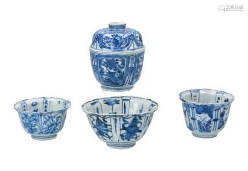 Lot of four diverse blue and white porcelain items, 1) cup decorated with birds, a butterfly and