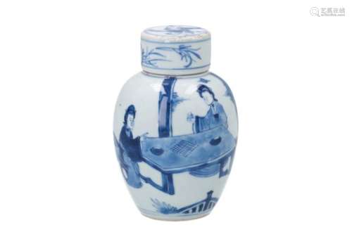 A blue and white porcelain tea caddy, decorated with long Elizas. Marked with 4-character mark.