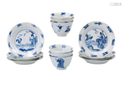 A set of six blue and white porcelain cups with saucers, decorated with a long Eliza and little