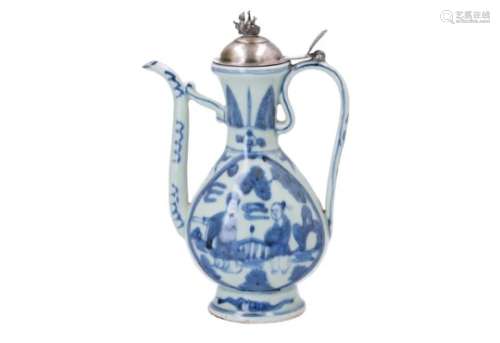 A blue and white porcelain jug, decorated with figures in a garden. With later Dutch silver