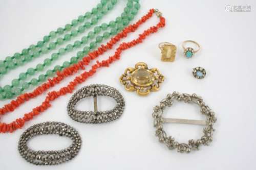 A QUANTITY OF JEWELLERY including a pair of oval-shaped steel buckles, a coral necklace, a citrine