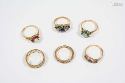 SIX ASSORTED 9CT. GOLD AND GEM SET RINGS total weight 17.4 grams.