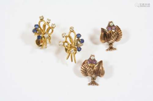 A PAIR OF SAPPHIRE AND DIAMOND EARRINGS of foliate design, mounted with circular-cut diamonds and