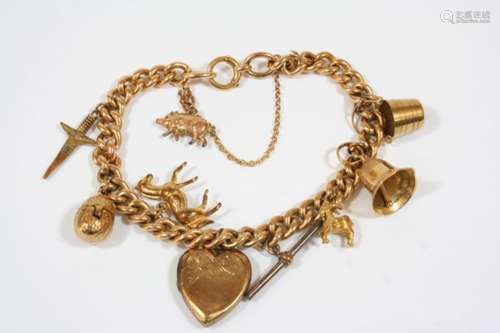 A 15CT. GOLD CURB LINK BRACELET suspending assorted 9ct. gold charms, total weight 50 grams.