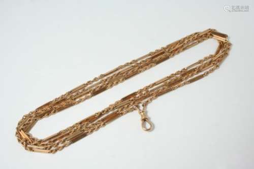 A LONG 9CT. GOLD WATCH CHAIN formed alternately with straight and rope links, 150cm. long, 44