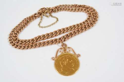 A 9CT. GOLD CURB LINK BRACELET suspending a Napoleon III 20 franc coin, 1866, with pendant mount