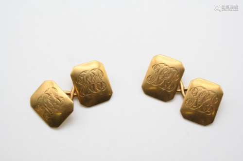 A PAIR OF 18CT. GOLD CUFFLINKS of cut-cornered rectangular-shape and engraved with initials, 10.9