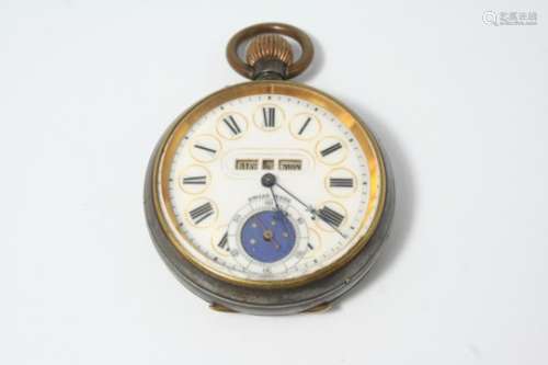 A SWISS GUN METAL OPEN FACED POCKET WATCH the white enamel dial with Roman numerals and date