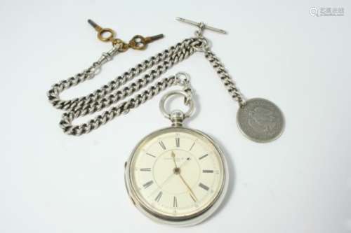 A SILVER OPEN FACED POCKET WATCH the white enamel dial signed Waldvogel & Bury and with Roman
