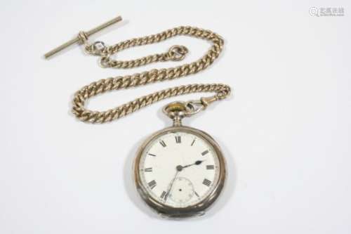 A SILVER OPEN FACED POCKET WATCH the white enamel dial with Roman numerals and subsidiary seconds