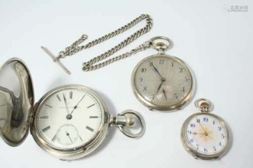 A SILVER FULL HUNTING CASED POCKET WATCH BY ELGIN NATIONAL WATCH CO. the signed white enamel dial