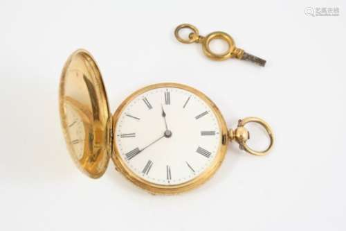AN 18CT. GOLD FULL HUNTING CASED POCKET WATCH the white enamel dial with Roman numerals, inscribed