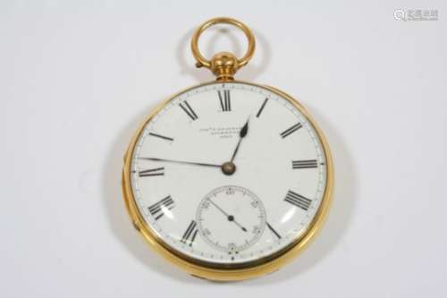 AN 18CT. GOLD OPEN FACED POCKET WATCH BY JOSEPH PENNLINGTON, LIVERPOOL the signed white enamel