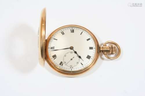A 9CT. GOLD HALF HUNTING CASED POCKET WATCH the white enamel dial with Roman numerals and subsidiary