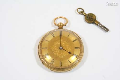 AN 18CT. GOLD OPEN FACED POCKET WATCH the gold dial with foliate engraved decoration and Roman