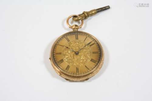 AN 18CT. GOLD OPEN FACED POCKET WATCH the gold foliate dial with Roman numerals, with foliate