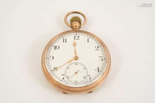 A 9CT. GOLD OPEN FACED POCKET WATCH the white enamel dial with Roman numerals and subsidiary seconds