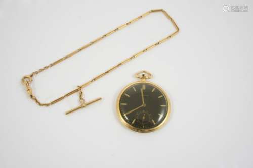 AN 18CT. GOLD OPEN FACED POCKET WATCH BY MOVADO the signed black dial with dagger numerals and