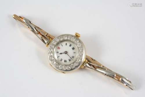 A LADY'S SWISS DIAMOND AND 18CT. GOLD WRISTWATCH the circular white enamel dial with black Roman