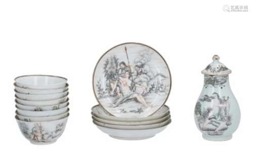 A part of an encre de Chine porcelain tea service, including a milk jug, eight cups and five