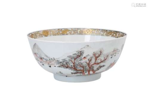 An encre de Chine porcelain bowl, decorated with figures in a mountainous river landscape. Unmarked.