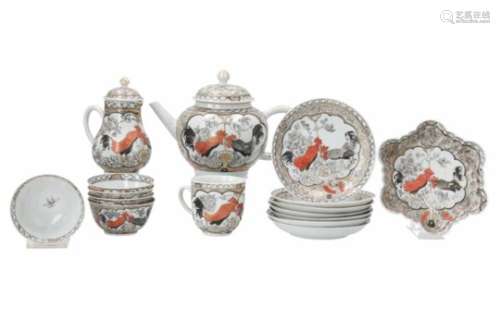 A 16-piece encre de Chine porcelain tea service, decorated with roosters. Unmarked. China,