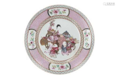 A famille rose porcelain dish, decorated with long Eliza, little boys, fruits and vases. Unmarked.