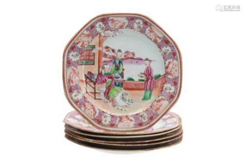 A set of six octagonal Mandarin porcelain dishes, decorated with ladies on a terrace with a view