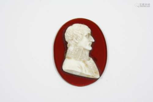 AN UNFRAMED OVAL SHAPED HARDSTONE CARVING depicting the head and shoulders of Napoleon Bonaparte,