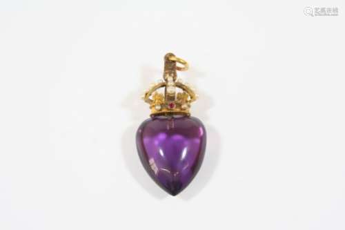 A 19TH CENTURY AMETHYST HEART-SHAPED PENDANT the heart-shaped amethyst suspends from a seed pearl