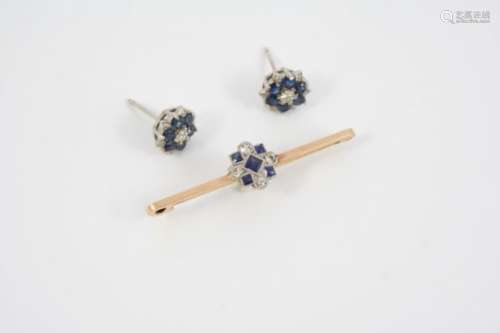 A PAIR OF SAPPHIRE AND DIAMOND CLUSTER STUD EARRINGS of flowerhead form, each set with circular-