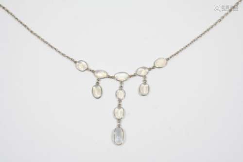 A MOONSTONE DROP NECKLACE mounted with oval-shaped moonstones on a fine link chain, 34.5cm. long.