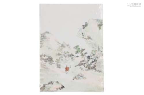 A polychrome porcelain plaque, decorated with a figure in mountainous landscape. Unmarked. China,